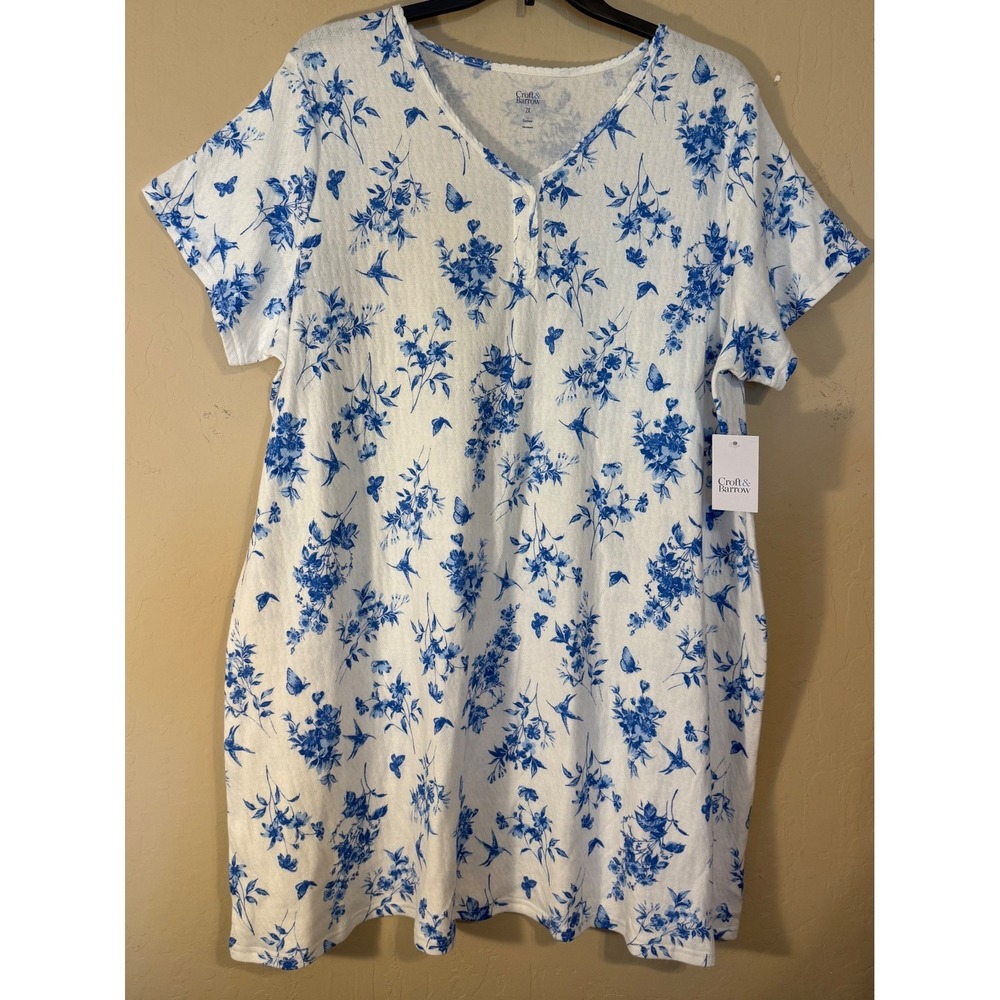 Croft & Barrow Nightgown Women 2X Blue White Floral Butterfly Sleep Shirt NEW